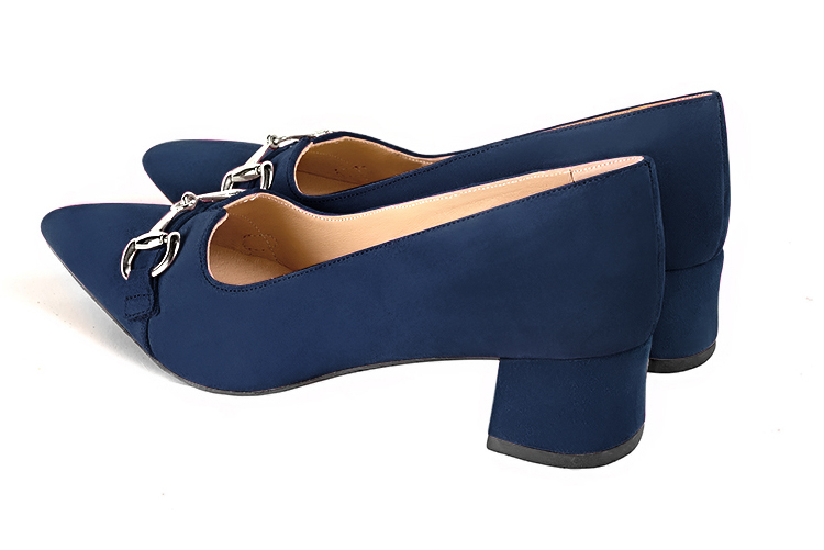 Navy blue women's dress pumps,with a square neckline. Tapered toe. Low flare heels. Rear view - Florence KOOIJMAN